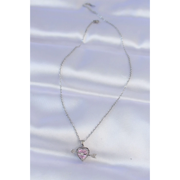 ÇOK SATAN 316L Çelik Zincir Gümüş Renk Pembe Zirkon Taşlı Eros Kolye