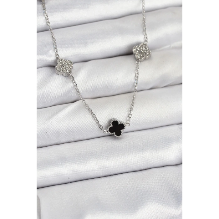 ÇOK SATAN 316L Çelik Zincir Gümüş Renk Siyah ve Zirkon Taşlı Baby Boy Yonca Kadın Kolye