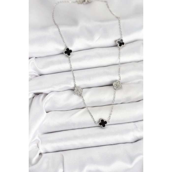 ÇOK SATAN 316L Çelik Zincir Gümüş Renk Siyah ve Zirkon Taşlı Baby Boy Yonca Kadın Kolye
