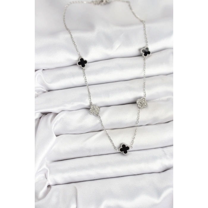 ÇOK SATAN 316L Çelik Zincir Gümüş Renk Siyah ve Zirkon Taşlı Baby Boy Yonca Kadın Kolye