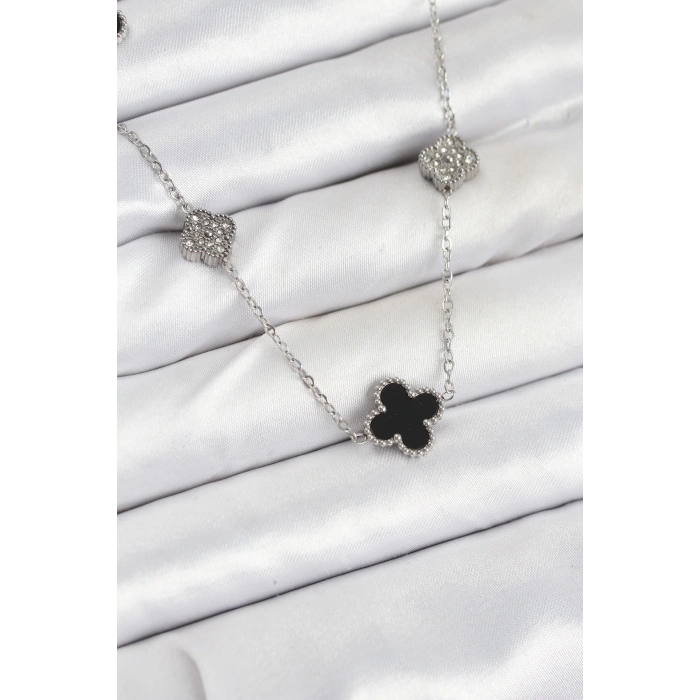 ÇOK SATAN 316L Çelik Zincir Gümüş Renk Siyah ve Zirkon Taşlı Yonca Kadın Kolye