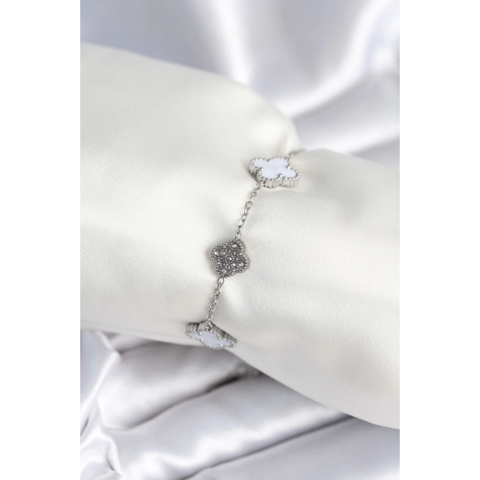 ÇOK SATAN 316L Çelik Zincir Gümüş Renk Zirkon Taşlı Yonca Beyaz Kadın Bileklik