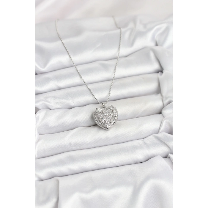 ÇOK SATAN 316L Çelik Zincir Gümüş Zirkon Taşlı Kalpli Kadın Kolye