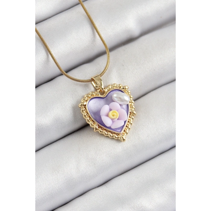 ÇOK SATAN 316L Çelik Zincir Mor Sanatsal Portre İnci Detaylı Papatya Figürlü Kalp Model Gold Renk Kadın Kolye
