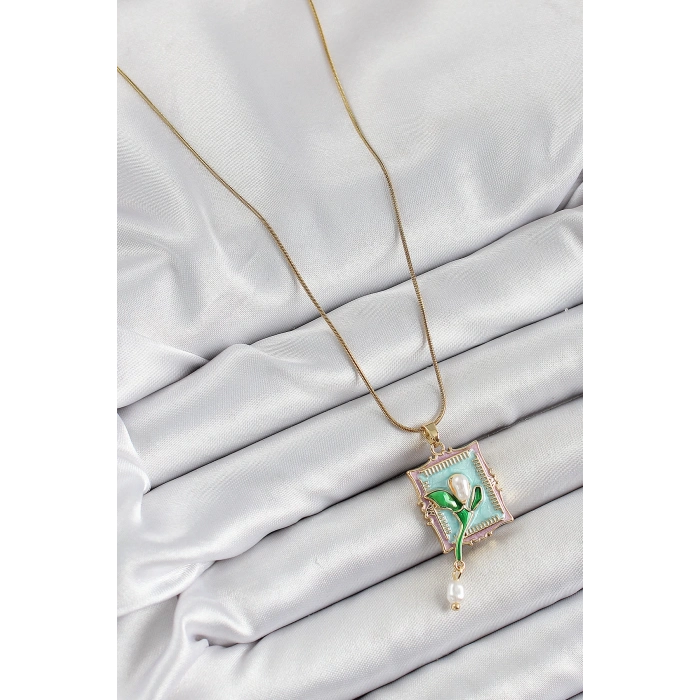 ÇOK SATAN 316L Çelik Zincir Turkuaz Sanatsal Portre Sallantılı İnci Detaylı Lale Model Gold Renk Kadın Kolye