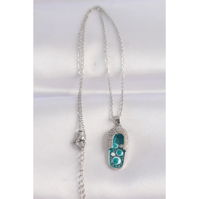 ÇOK SATAN 316L Çelik Zincir Zirkon Taşlı Gümüş Renk Nazarlı Terlik Tasarımlı Kolye