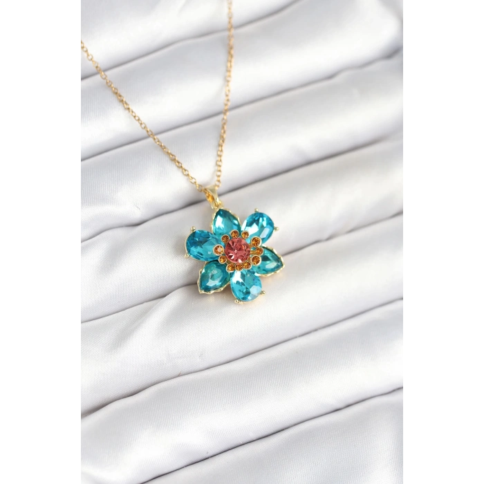 ÇOK SATAN 316L Çelik Zincirli Mavi Çiçek Model Kadın Kolye