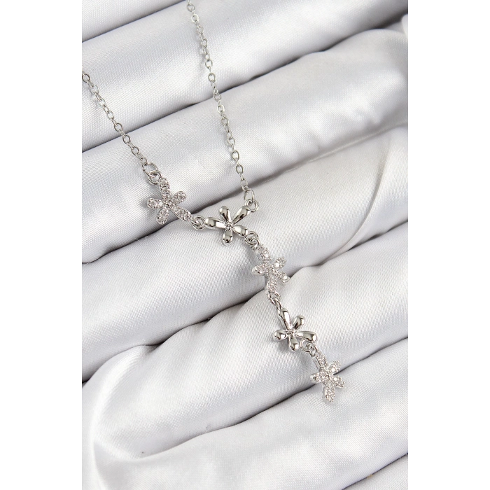 ÇOK SATAN 316L Çelik Zirkon Taşlı Çiçek Model Gümüş Renk Kadın Kolye