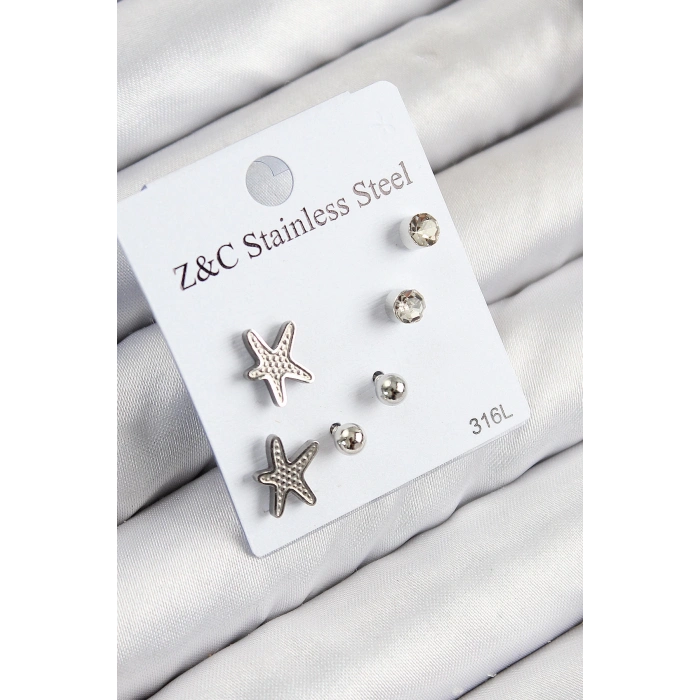 ÇOK SATAN 316L Çelik Zirkon Taşlı Deniz Yıldızı Model Gümüş Renk Kadın Set Küpe