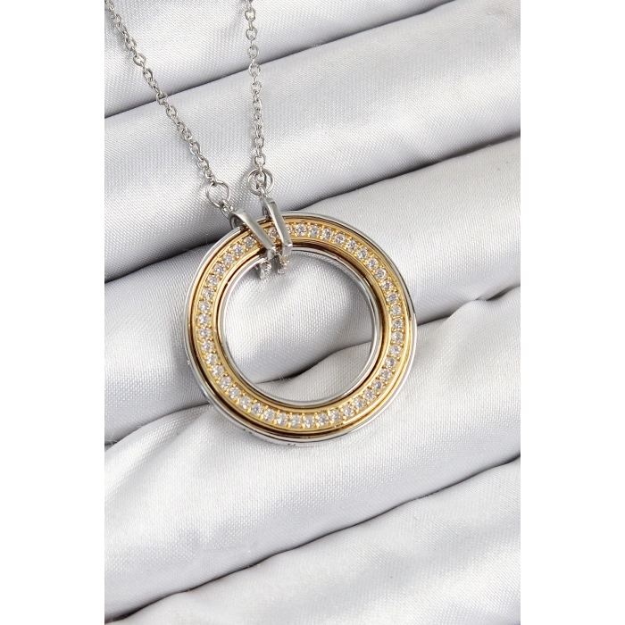 ÇOK SATAN 316L Çelik Zirkon Taşlı Dönen Daire Model Gold Ve Gümüş Renk Kadın Kolye