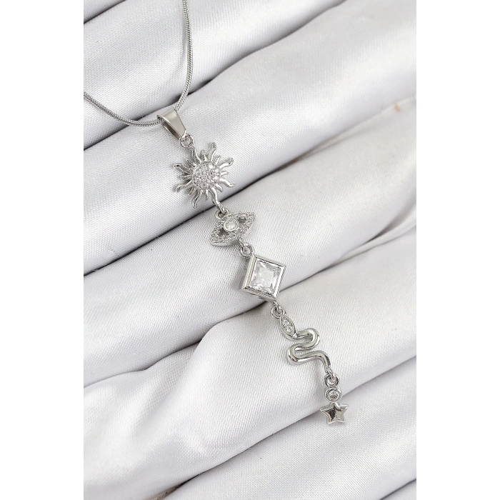 ÇOK SATAN 316L Çelik Zirkon Taşlı Güneş Ve Ay Enerji Model Gümüş Renk Kadın Kolye