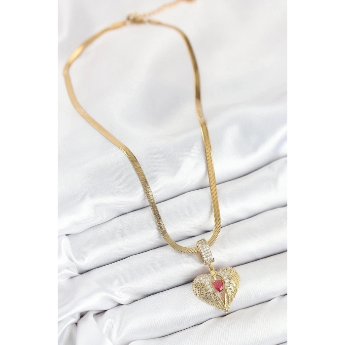 ÇOK SATAN 316L Çelik Zirkon Taşlı Kanatlı Kalp Model Gold Renk Kadın Kolye