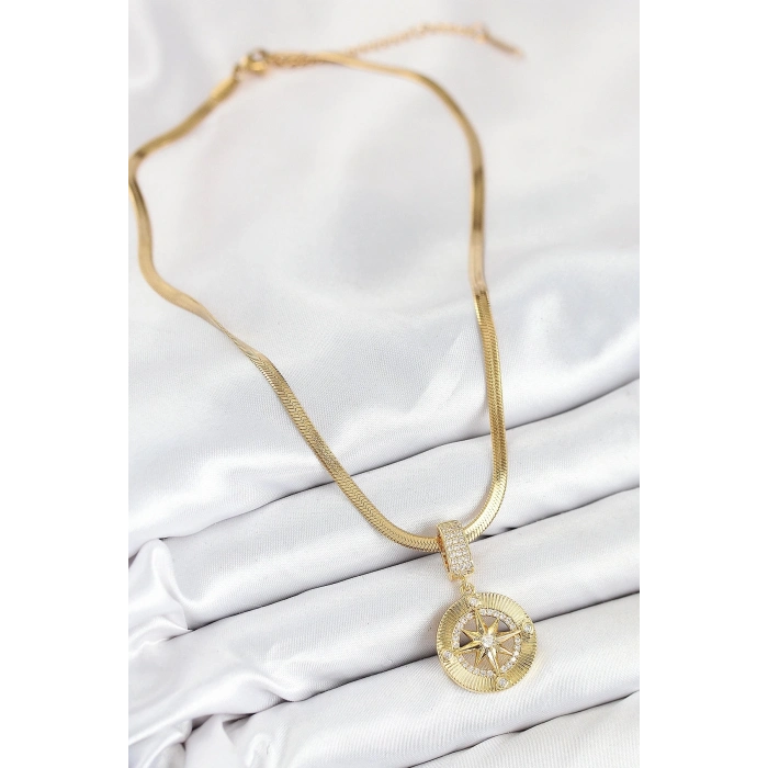 ÇOK SATAN 316L Çelik Zirkon Taşlı Pusula Model Gold Renk Kadın Kolye