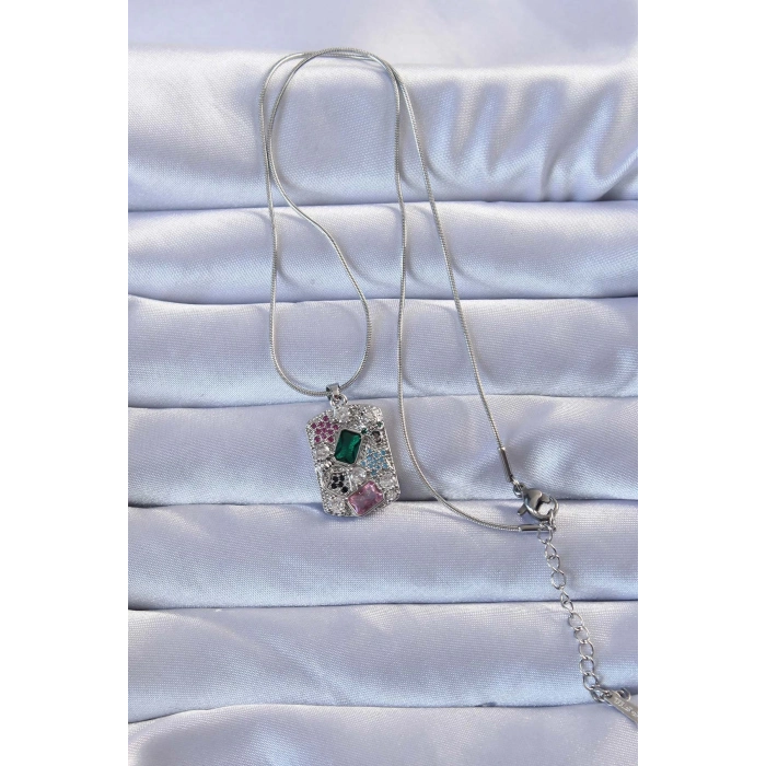 ÇOK SATAN 316L Gümüş Renk Çok Renkli Zirkon Taşlı Vintage Kolye