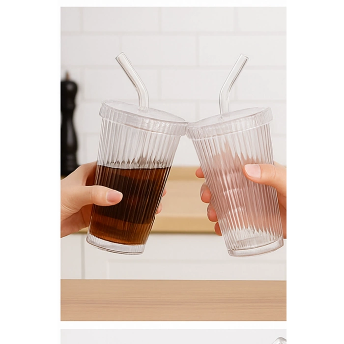 ÇOK SATAN 32 Adet Latte Kapaklı Pipetli Kristal Desen Fenomen Bardak Soğuk Kahve, Smoothie, İçecek Bardağı