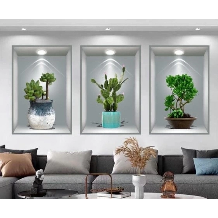 ÇOK SATAN 3D Çiçek Vazo Duvar Sticker 3 lü Set GRİ Fon