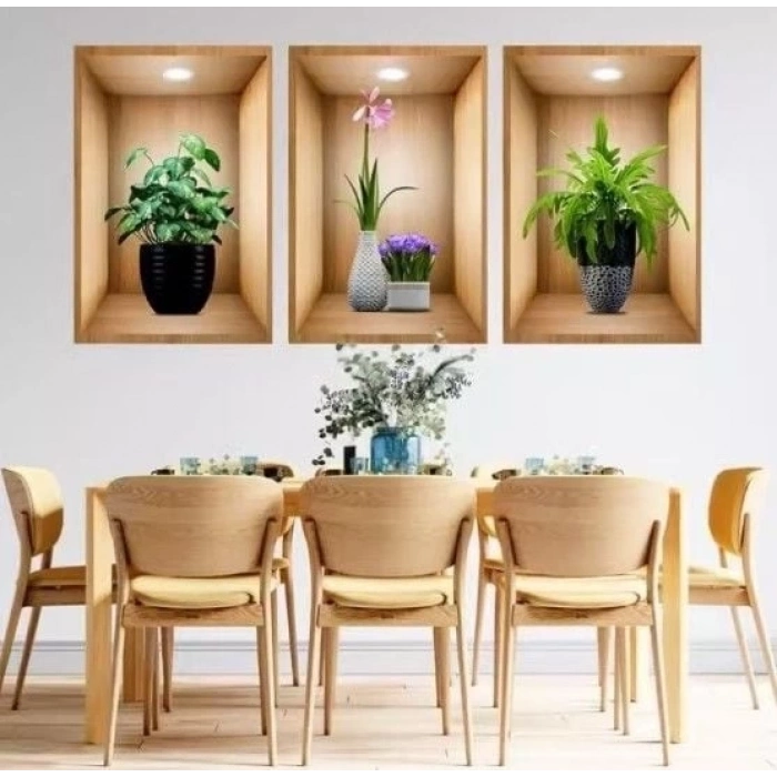 ÇOK SATAN 3D Çiçek Vazo Duvar Sticker 3 lü Set Kahverengi Fon