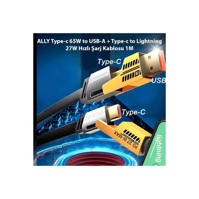 ÇOK SATAN 4in1 Type-c 65W to USB-A + Type-c to Lightning 27W Hızlı Şarj Kablosu SİYAH