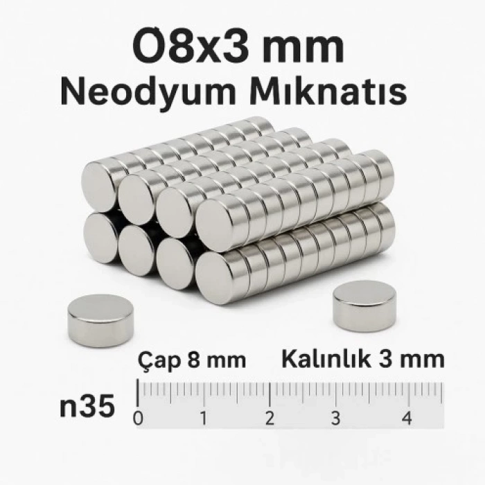 ÇOK SATAN 5 Adet 8x3mm Yuvarlak Neodyum Mıknatıs Güçlü Nikel Kaplamalı Kaliteli Dayanıklı Magnet