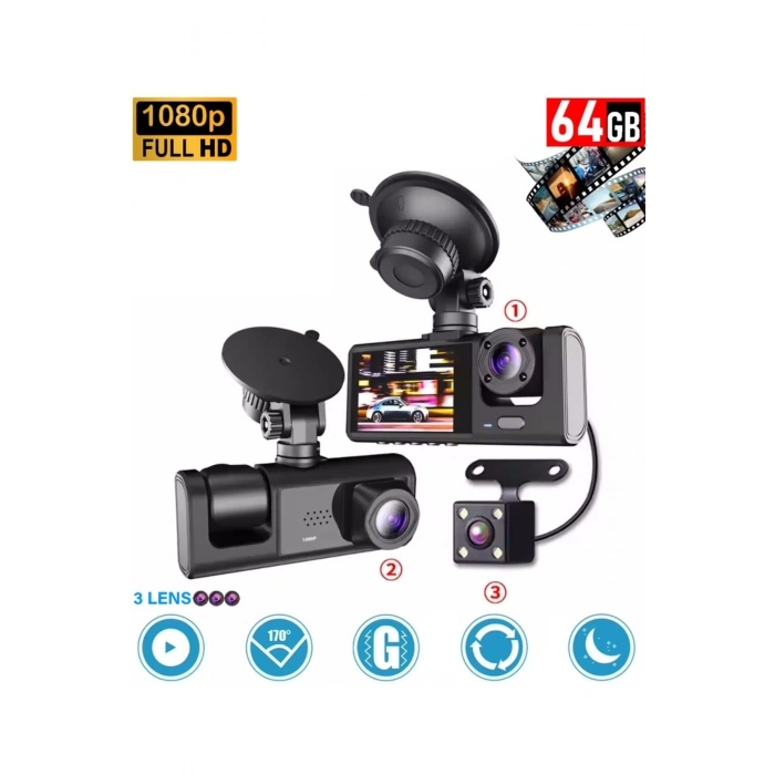 ÇOK SATAN 64GB Araç İçi Kamera 3 Kameralı (Yol + Araç İçi+ Arka) FHD Video Kayıt Mikrofonlu Türkçe CC-33