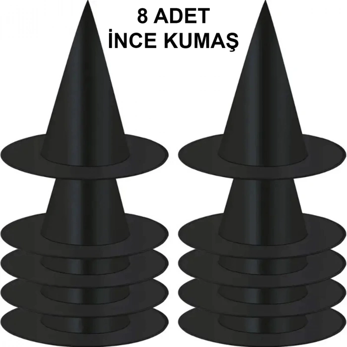 ÇOK SATAN 8 Adet Siyah Cadı Şapkası – Yetişkin & Çocuk Kostüm Aksesuarı