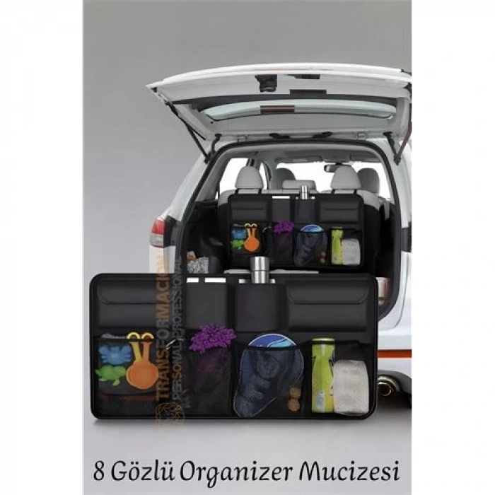 8 Gözlü Araç Koltuk Arkası Organizer – Güçlü Tokalı, Cırtlı, Ayarlanabilir Tasarım