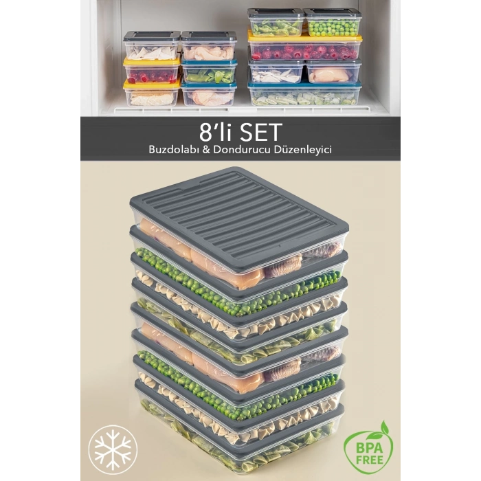 ÇOK SATAN 8li Saklama Kabı , Mikrodalga Uyumlu Erzak Saklama Kabı Antrasit 8 X 2400 ml
