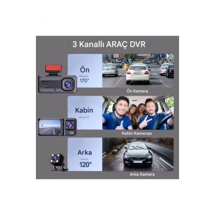 ÇOK SATAN A-98 WiFi Full HD 3 Kameralı Araç İçi Güvenlik Kamerası + Park Modu Kablosu Ön-Arka-İç Kayıt,DashCam