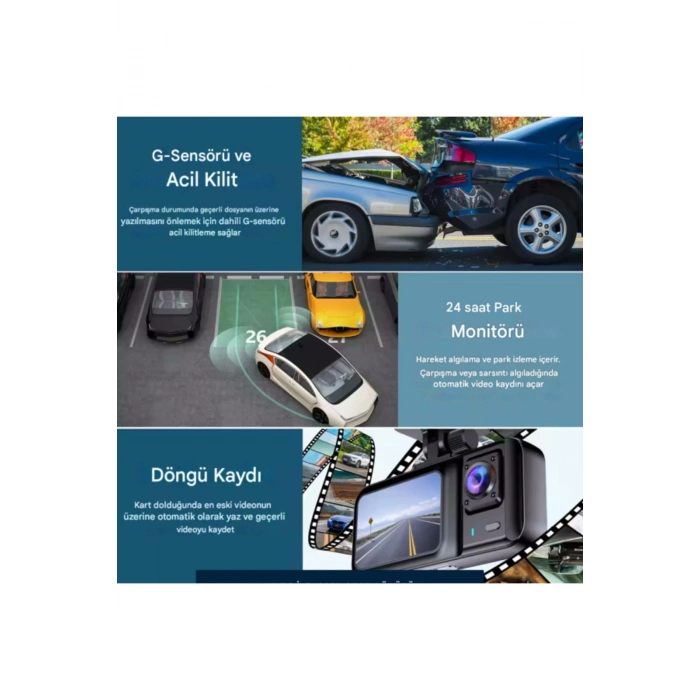 ÇOK SATAN A-98 WiFi Full HD 3 Kameralı Araç İçi Güvenlik Kamerası + Park Modu Kablosu Ön-Arka-İç Kayıt,DashCam