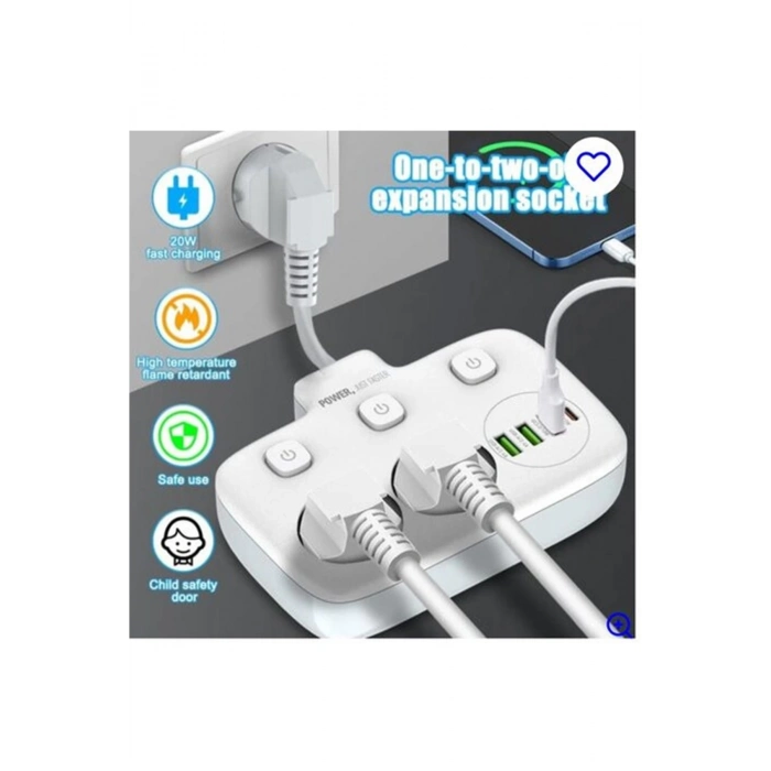 ÇOK SATAN Akım Korumalı 2’li Ayrı Anahtarlı Priz, 2x Priz, 3x Usb, 1x Type-c, 2 Mt Kablo, Hızlı Şarj