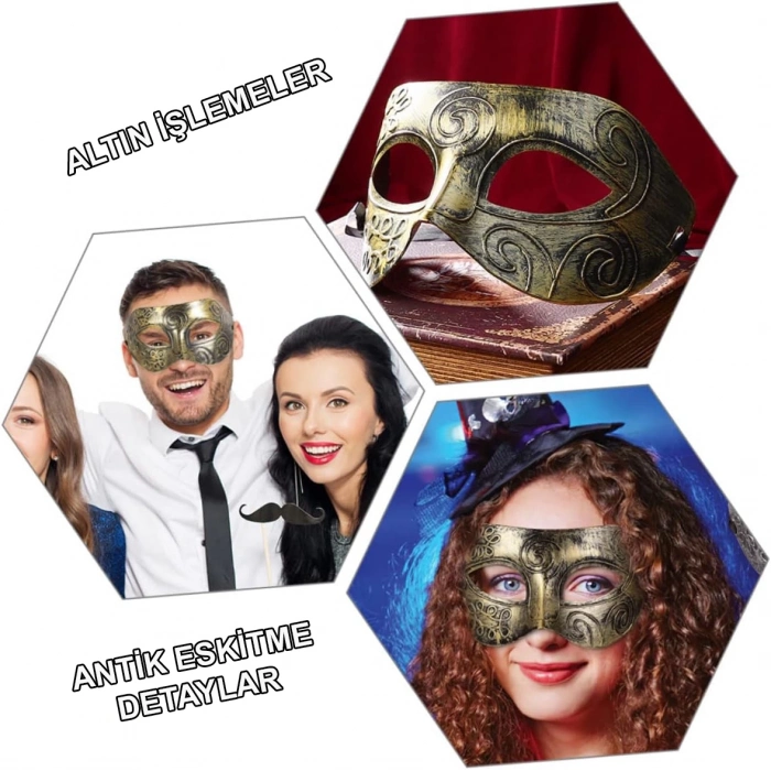 ÇOK SATAN Altın Eskitme Yüz Maskesi - Antik Tarz Balo Maskesi