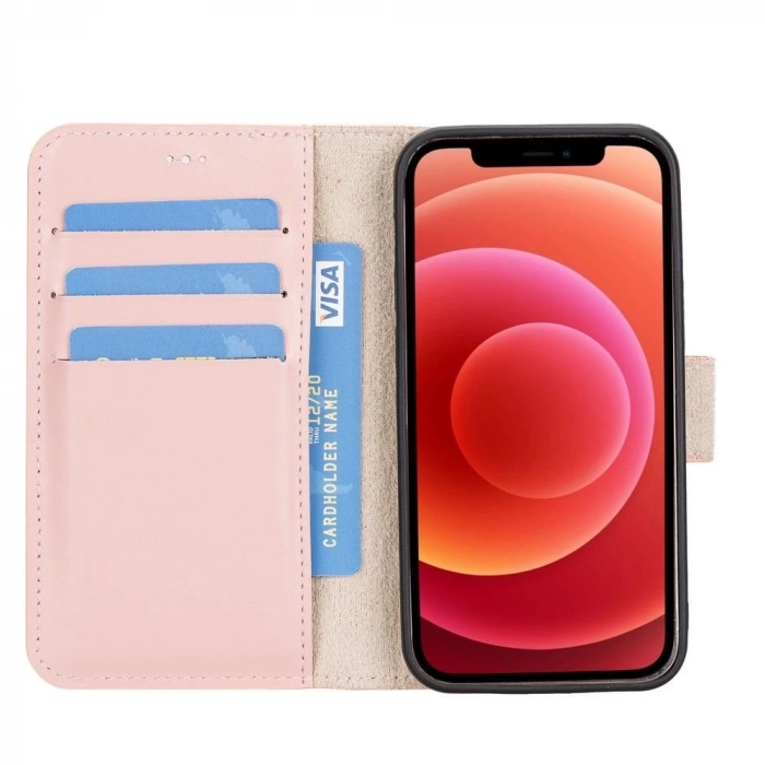 ÇOK SATAN Apple iPhone 12 mini Uyumlu Deri Cüzdanlı Kılıf NU2 Pembe