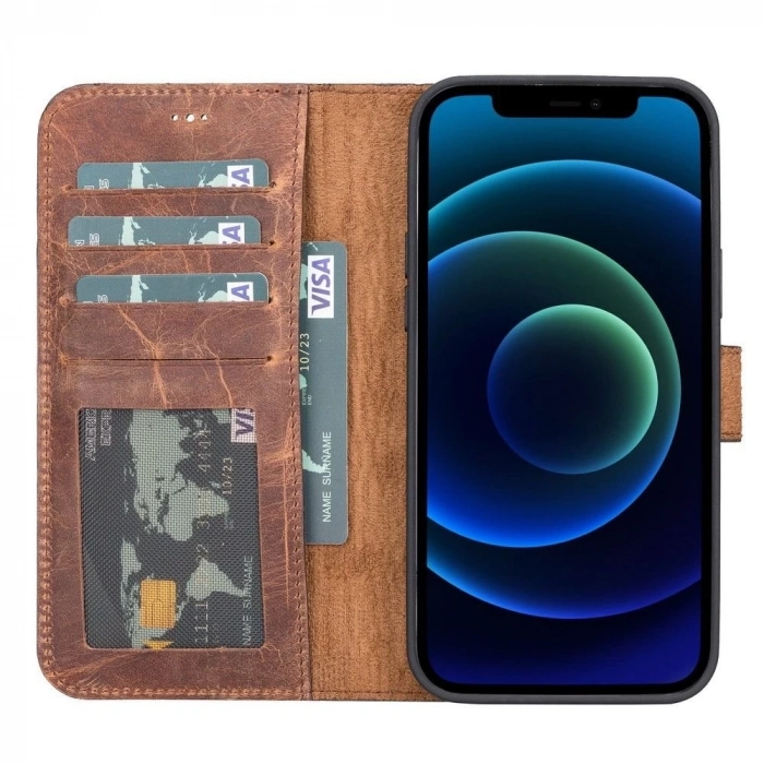 ÇOK SATAN Apple iPhone 12 Pro Max Uyumlu Deri Cüzdanlı Kılıf Antik Kahve