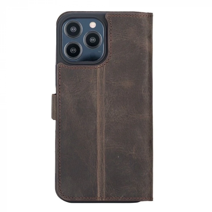 ÇOK SATAN Apple iPhone 13 Pro Max Uyumlu Deri Cüzdanlı Kılıf Acı Kahve