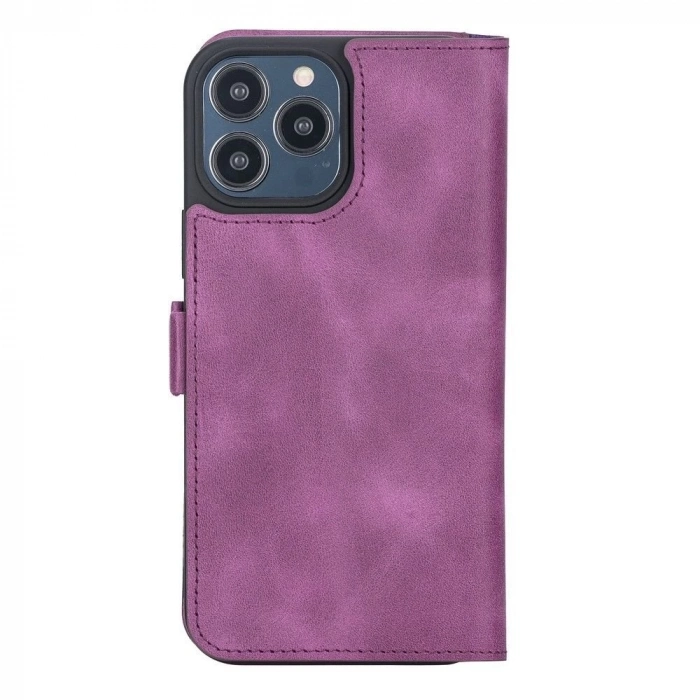 ÇOK SATAN Apple iPhone 13 Pro Max Uyumlu Deri Cüzdanlı Kılıf Rustik Mor