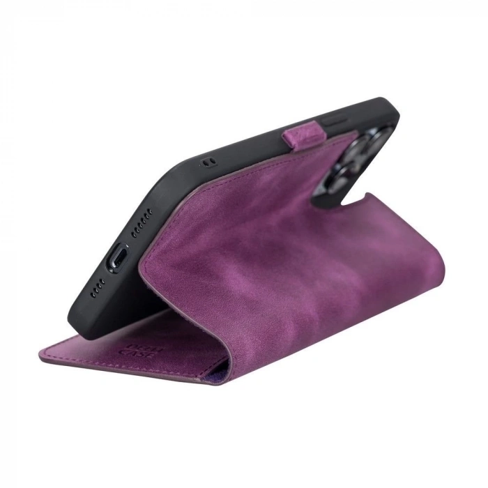 ÇOK SATAN Apple iPhone 13 Pro Max Uyumlu Deri Cüzdanlı Kılıf Rustik Mor