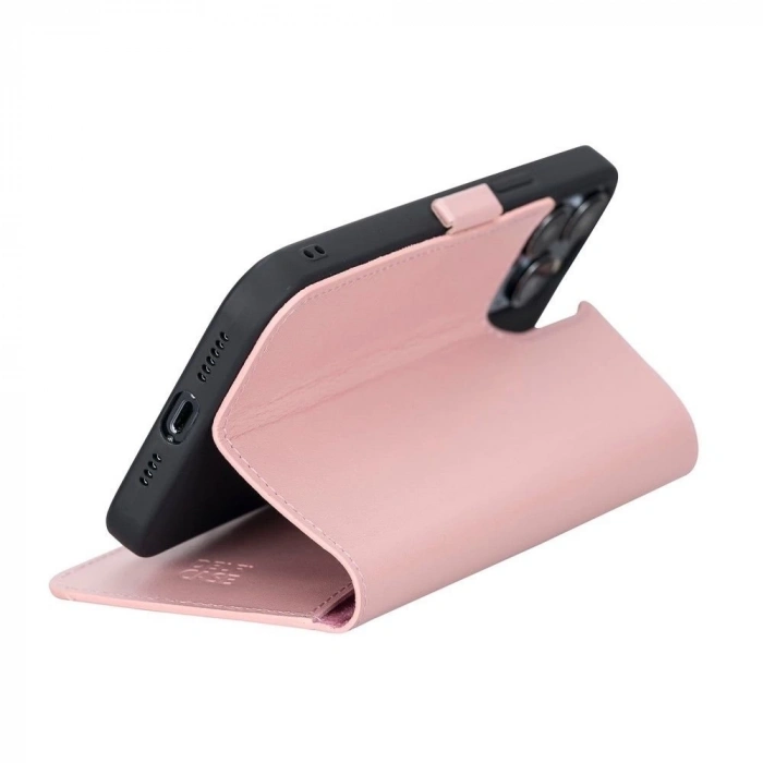 ÇOK SATAN Apple iPhone 13 Pro Max Uyumlu Deri Cüzdanlı Kılıf Toz Pembe