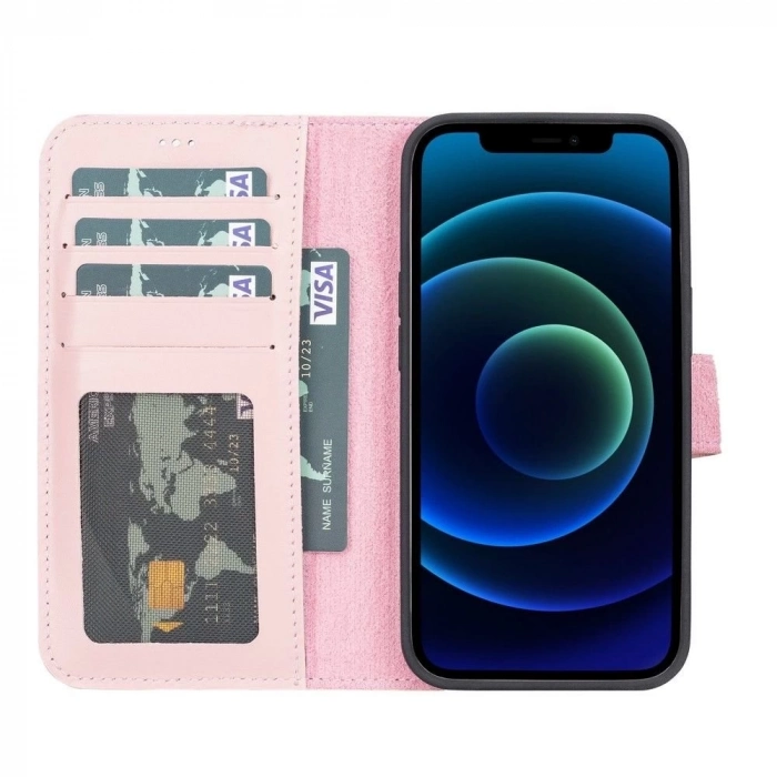 ÇOK SATAN Apple iPhone 13 Pro Uyumlu Deri Cüzdanlı Kılıf NU2 Pembe