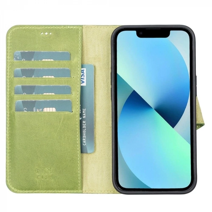 ÇOK SATAN Apple iPhone 13 Uyumlu Deri Cüzdanlı Kılıf Antik yeşil