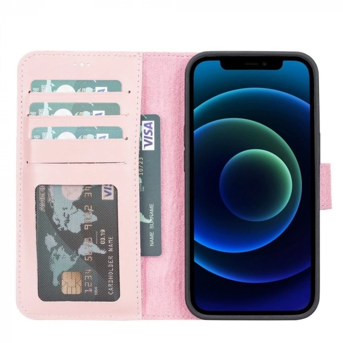 ÇOK SATAN Apple iPhone 13 Uyumlu Deri Cüzdanlı Kılıf NU2 Pembe