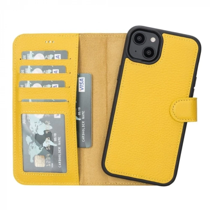 ÇOK SATAN Apple iPhone 14 Plus Uyumlu Deri Cüzdanlı Kılıf MWWN FL12 Sarı
