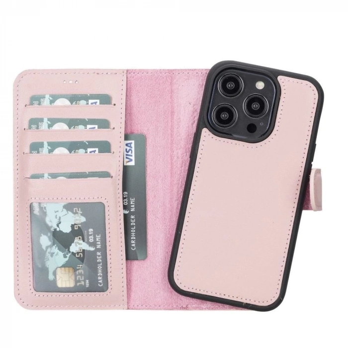 ÇOK SATAN Apple iPhone 14 Pro Uyumlu Deri Cüzdanlı Kılıf MWWN NU2 Pembe