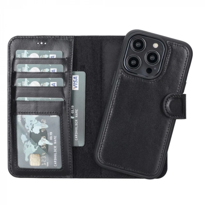ÇOK SATAN Apple iPhone 14 Pro Uyumlu Deri Cüzdanlı Kılıf MWWN RST1 Siyah