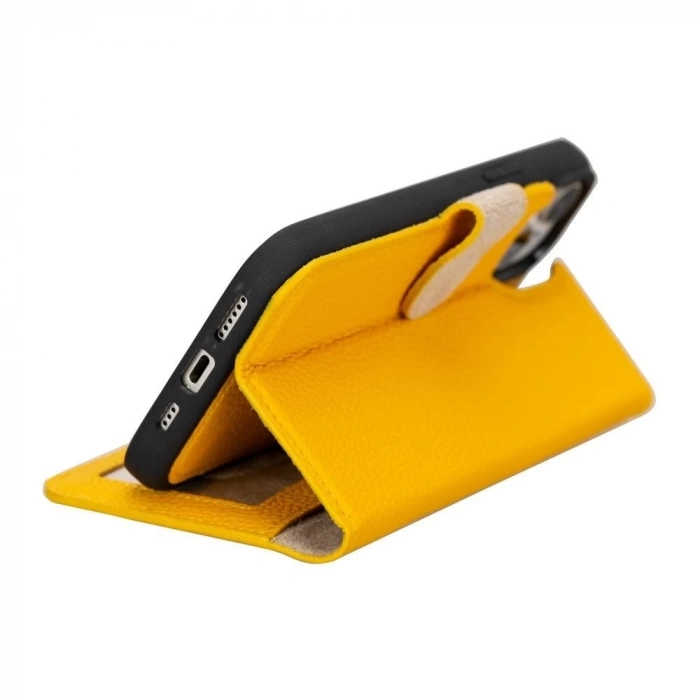 ÇOK SATAN Apple iPhone 15 Plus Uyumlu Deri Cüzdanlı Kılıf MWWN FL12 Sarı