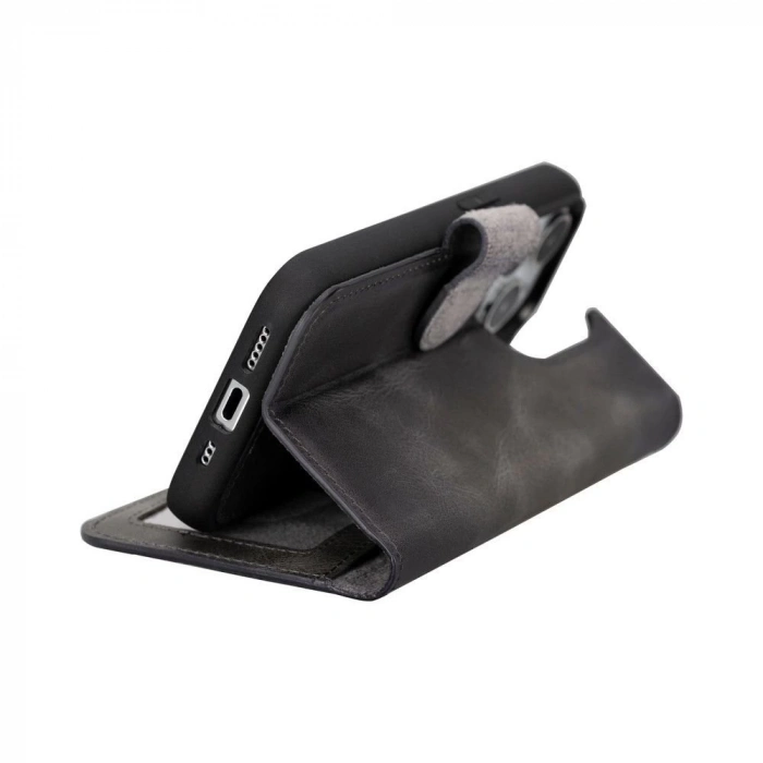 ÇOK SATAN Apple iPhone 15 Pro Uyumlu Deri Cüzdanlı Kılıf MWWN VS4EF Gri