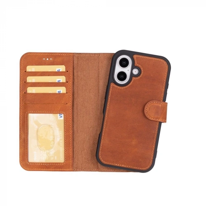 ÇOK SATAN Apple iPhone 16 Plus uyumlu, Hakiki Deri, El Yapımı, Cüzdanlı Kılıf, Karamel