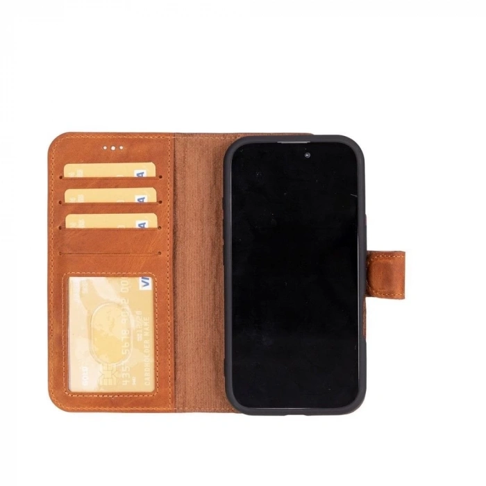 ÇOK SATAN Apple iPhone 16 Plus uyumlu, Hakiki Deri, El Yapımı, Cüzdanlı Kılıf, Karamel