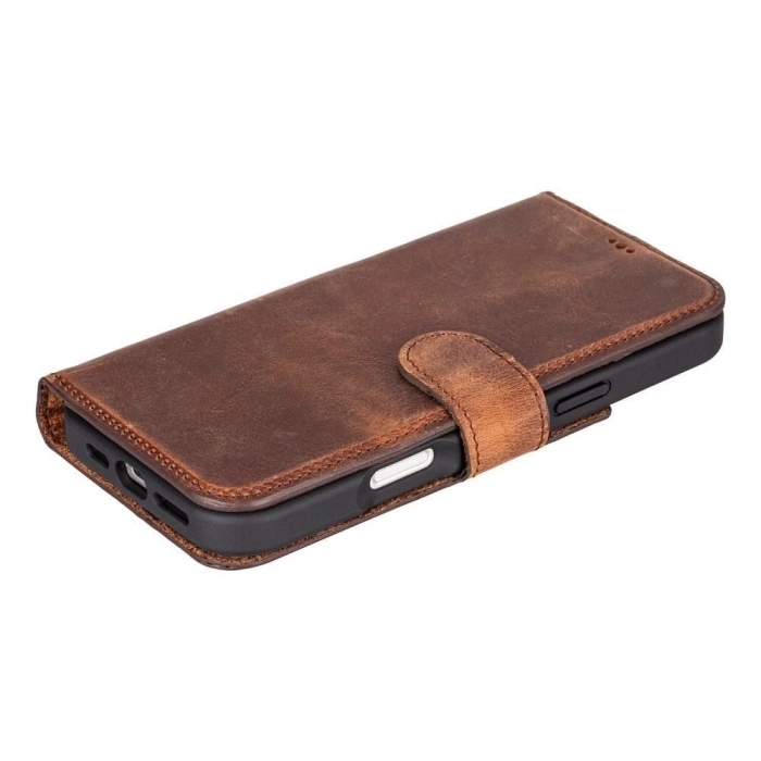 ÇOK SATAN Apple iPhone 16 Pro Max uyumlu, Hakiki Deri, El Yapımı, Cüzdanlı Kılıf, Antik Kahve