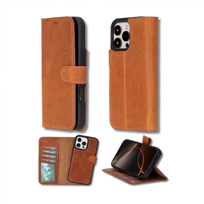 ÇOK SATAN Apple iPhone 16 Pro Max uyumlu, Hakiki Deri, El Yapımı, Cüzdanlı Kılıf, Karamel