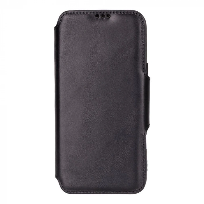 ÇOK SATAN Apple iPhone 16 Pro Max uyumlu, Hakiki Deri, El Yapımı, Cüzdanlı Kılıf, Parlak Siyah